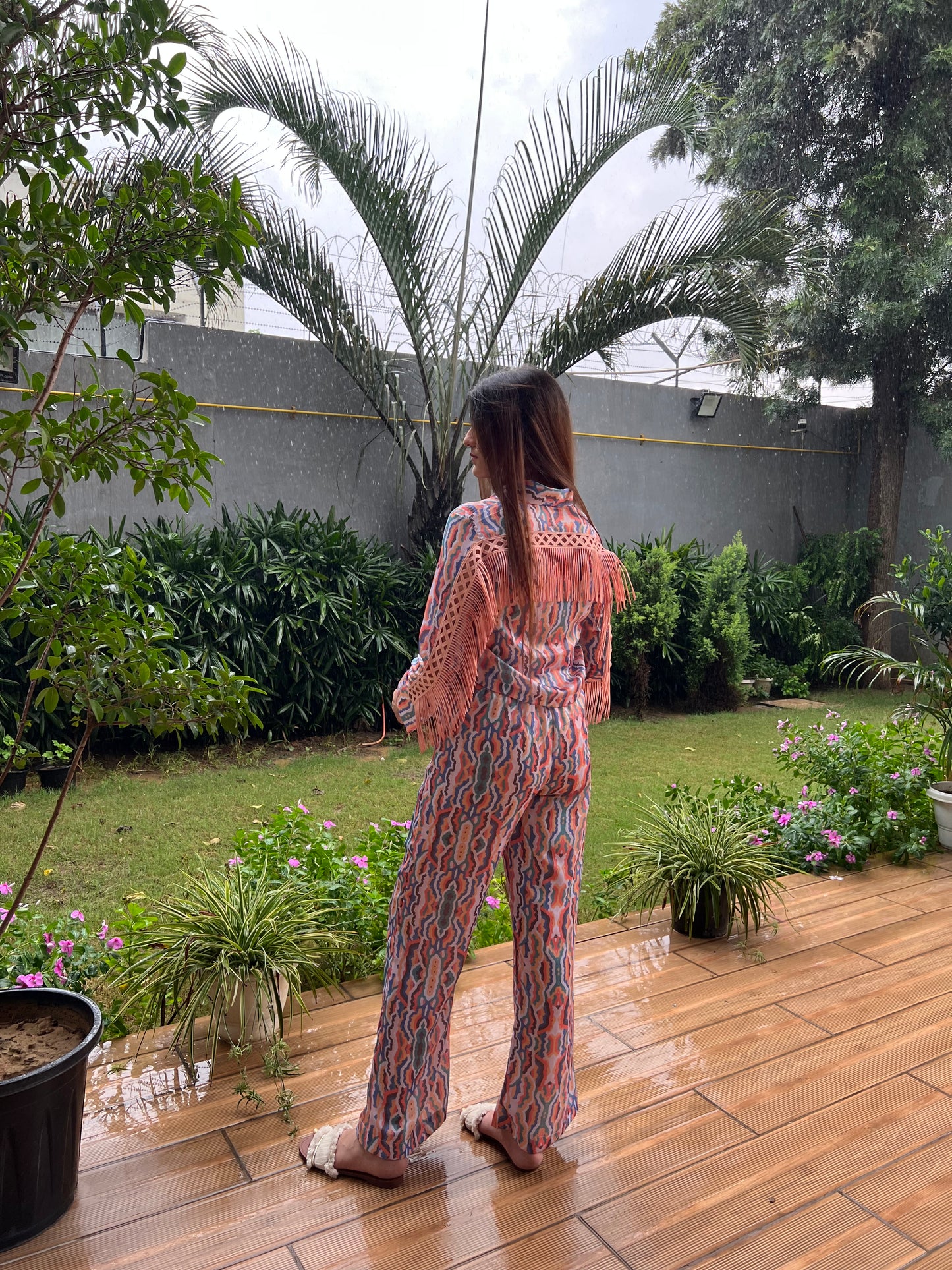 Luna Shirt with Fringe detailing in Printed Viscose Crepe and Printed Pants - Set of 2