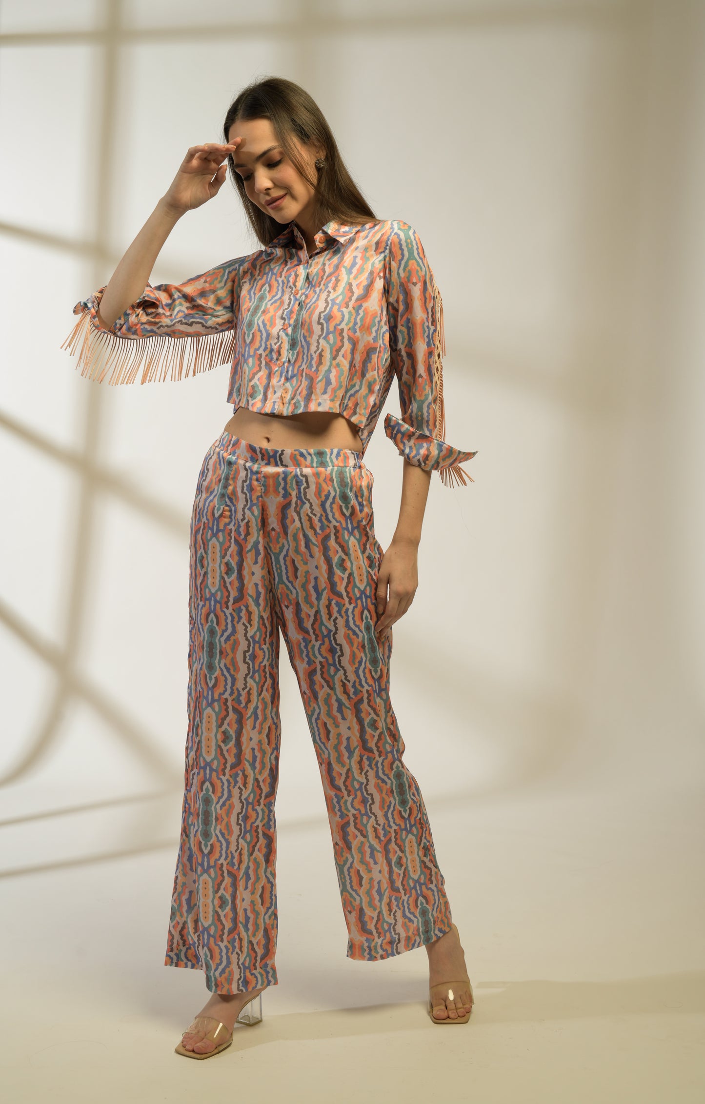 Luna Shirt with Fringe detailing in Printed Viscose Crepe and Printed Pants - Set of 2