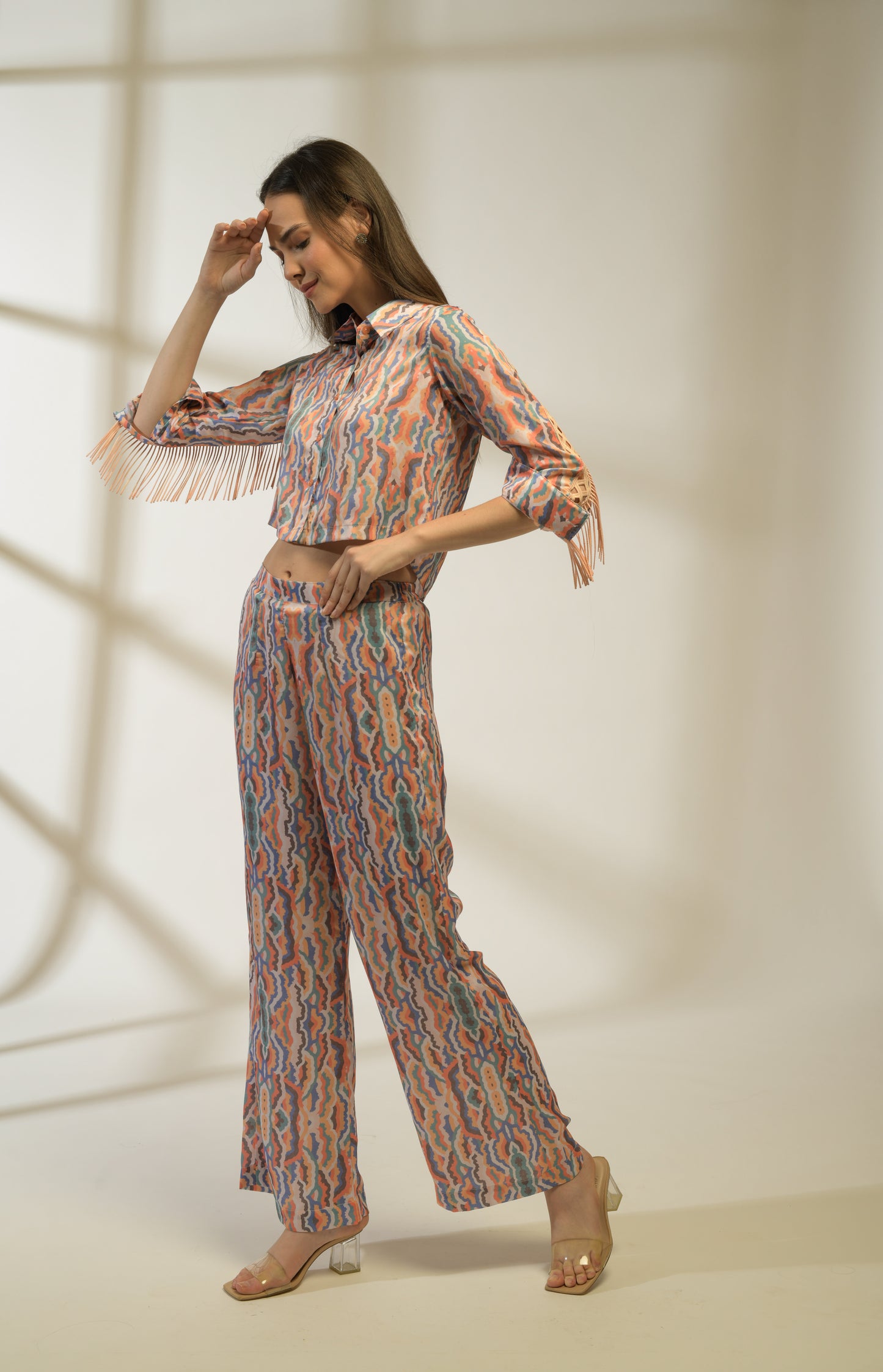 Luna Shirt with Fringe detailing in Printed Viscose Crepe and Printed Pants - Set of 2