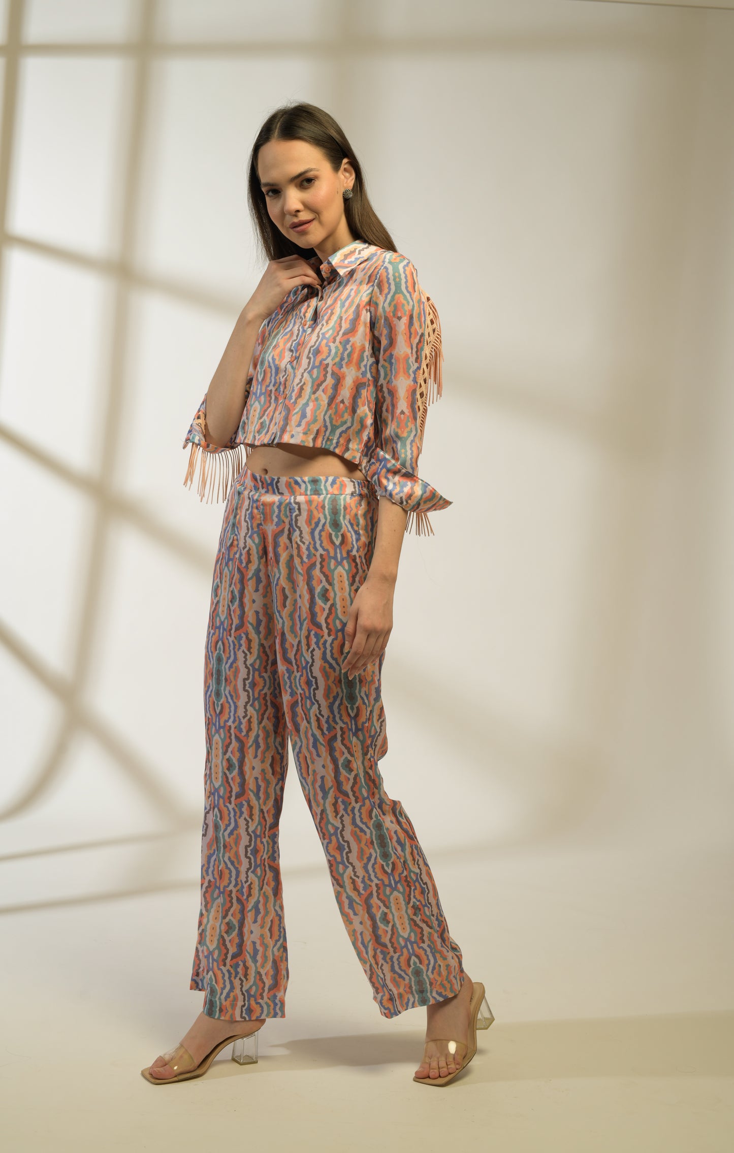 Luna Shirt with Fringe detailing in Printed Viscose Crepe and Printed Pants - Set of 2