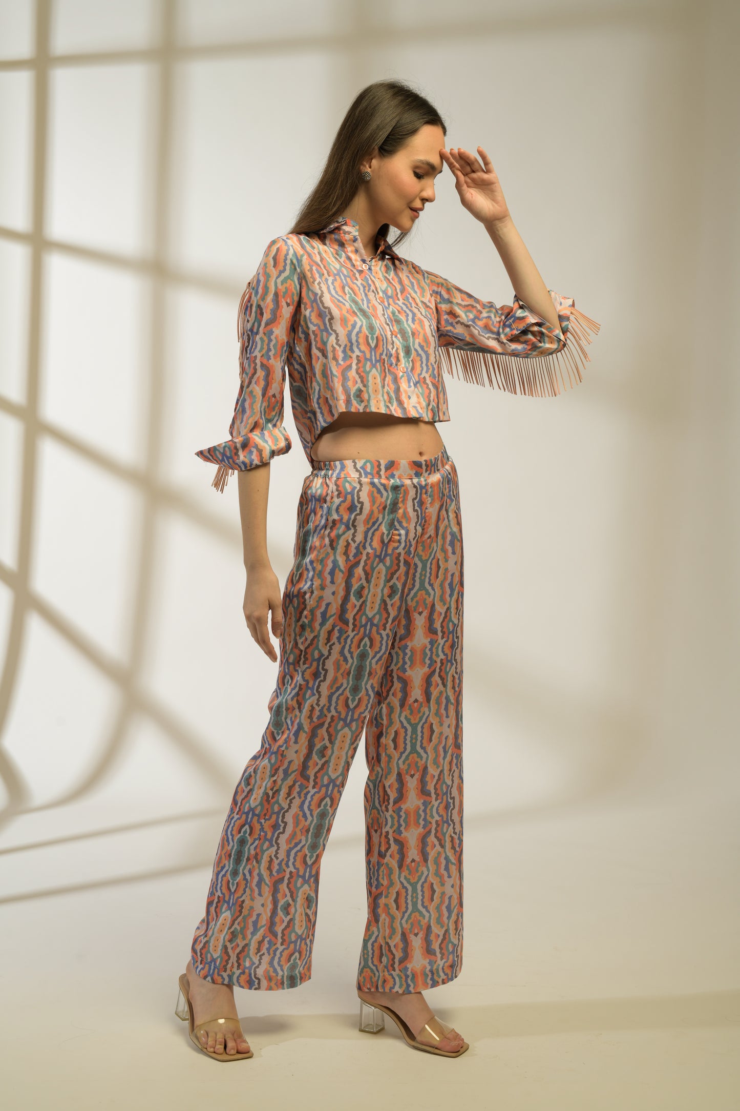 Luna Shirt with Fringe detailing in Printed Viscose Crepe and Printed Pants - Set of 2