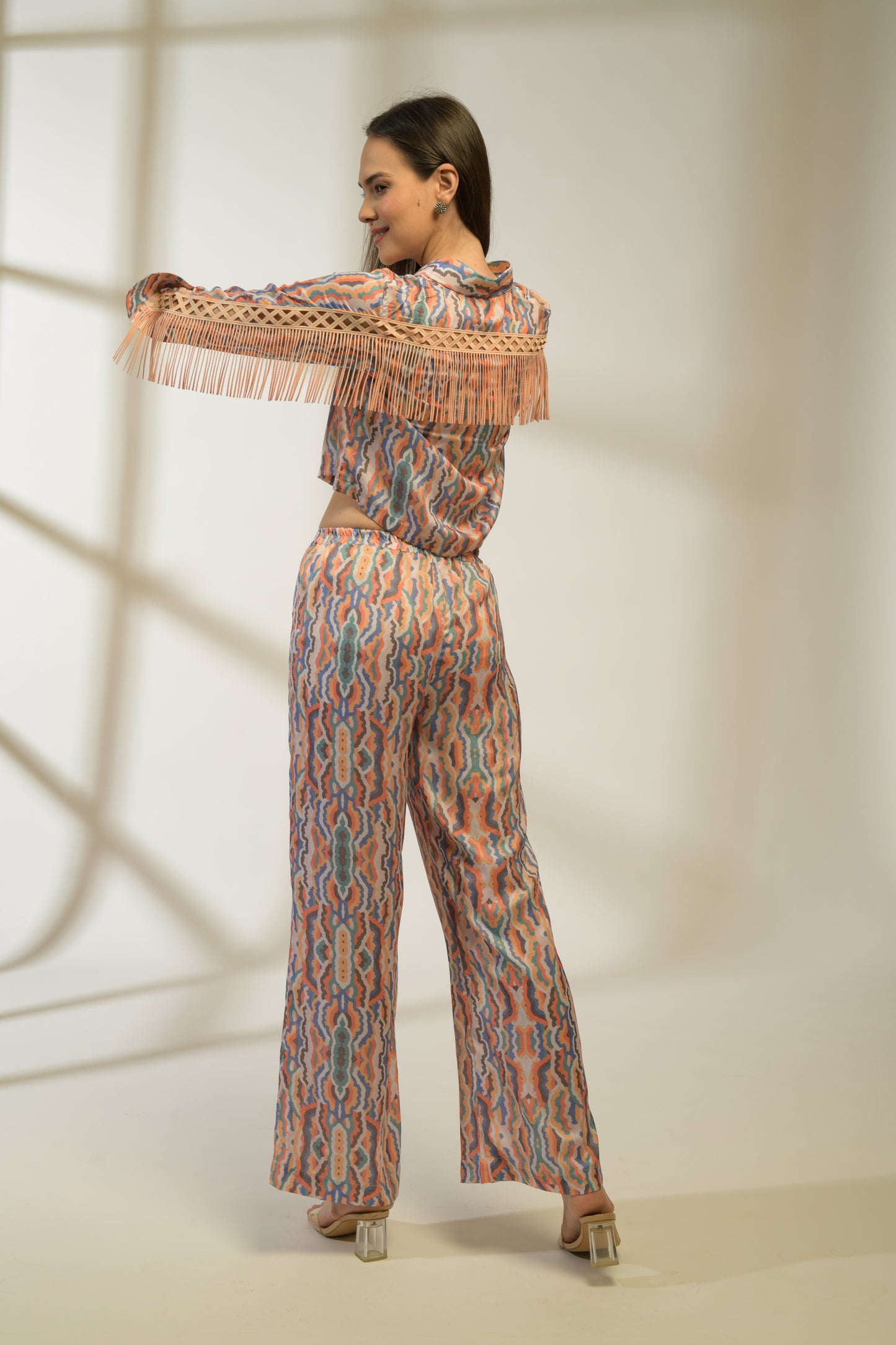 Luna Shirt with Fringe detailing in Printed Viscose Crepe and Printed Pants - Set of 2