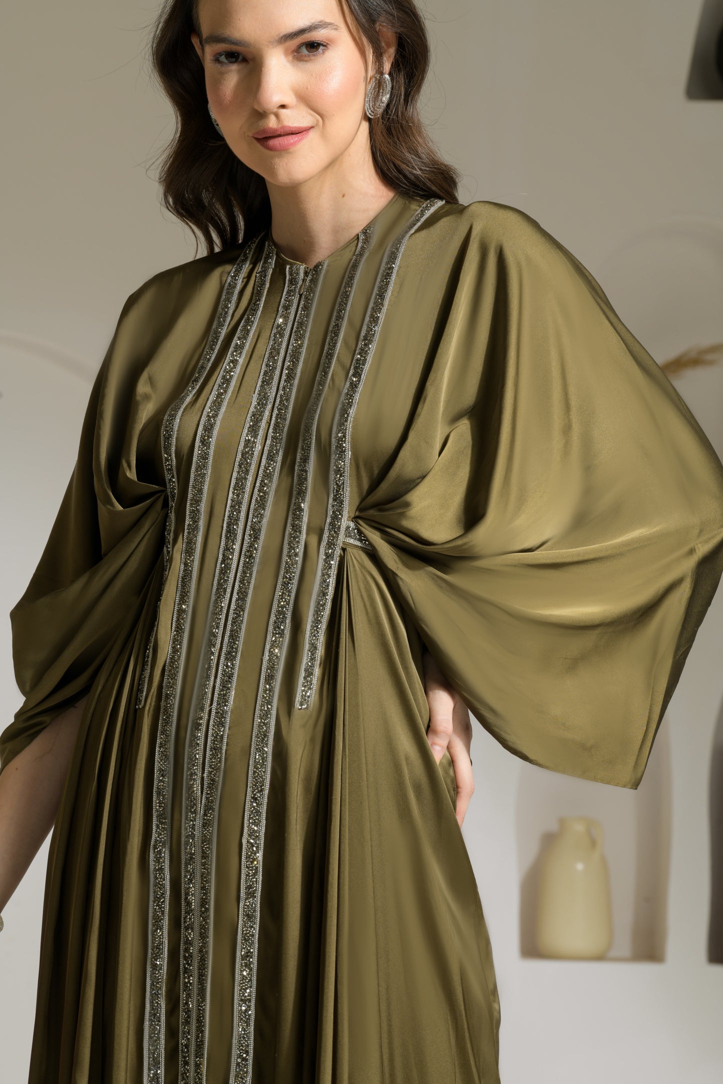 Fiza Satin Draped Sleeves Kaftan-like Floor Length Dress