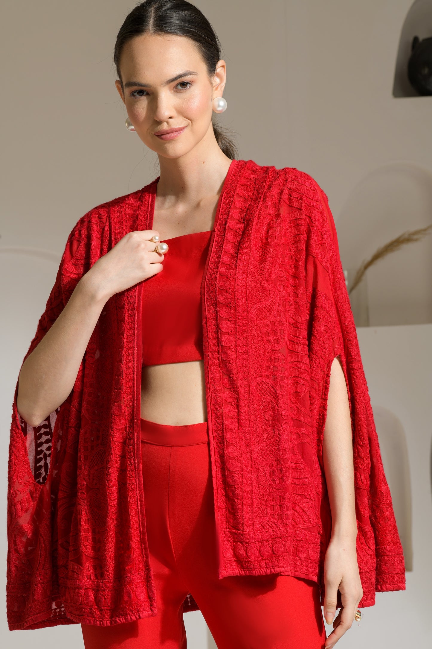 Rhubarb Aari-work Cape with Bustier and Flared Pants - Set of 3