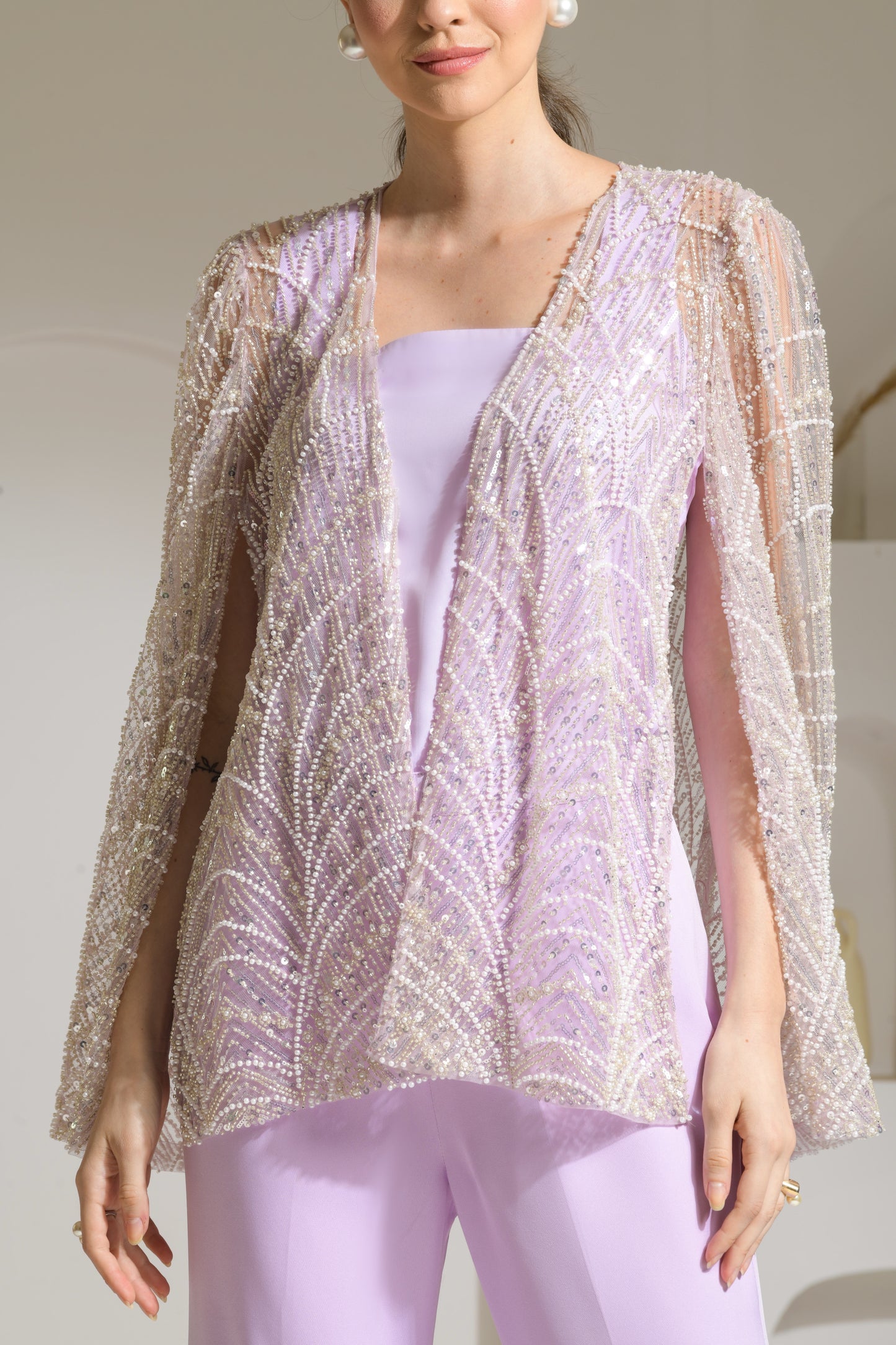 Orchid Hand Embellished Cape with Asymmetric Flared Pants & Bustier - Set of 3