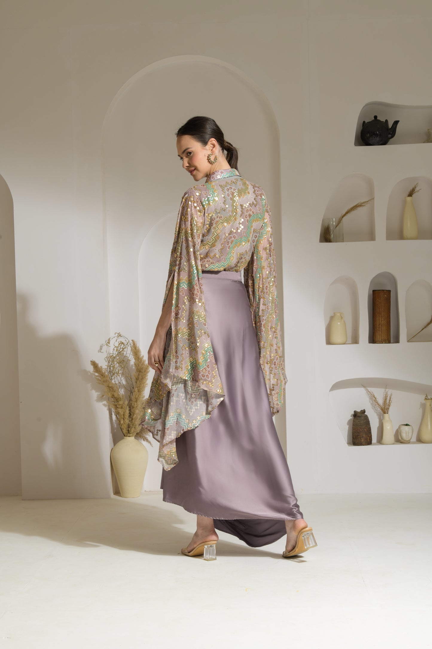Nazakat Sequence Bandhni work Cape sleeve Shirt with Draped Skirt in Satin - Set of 2