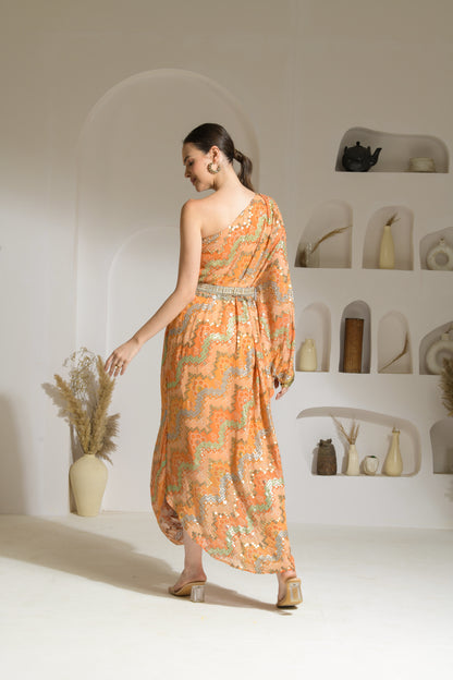 Khwaab Sequenced Bandhni one shoulder draped dress with embellished belt