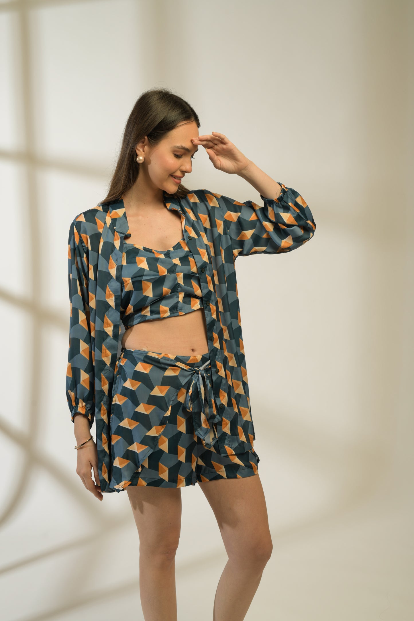 Stella Relaxed fit Shirt, Bustier with Tie Detailing Shorts in Printed Viscose Crepe - Set of 3