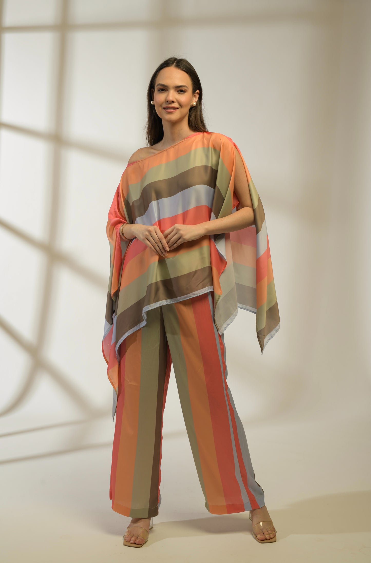 Starlet Asymmetric cape top with straight fit pants in Printed Viscose Crepe - Set of 2