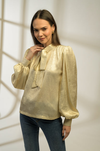 Champagne Metallic Bishop Sleeve and Bow-tie Top