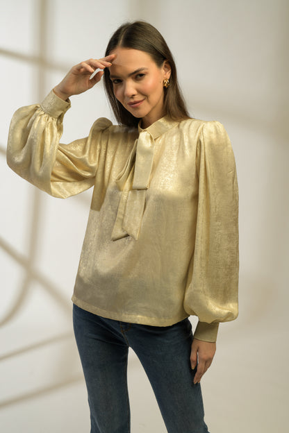 Champagne Metallic Bishop Sleeve and Bow-tie Top