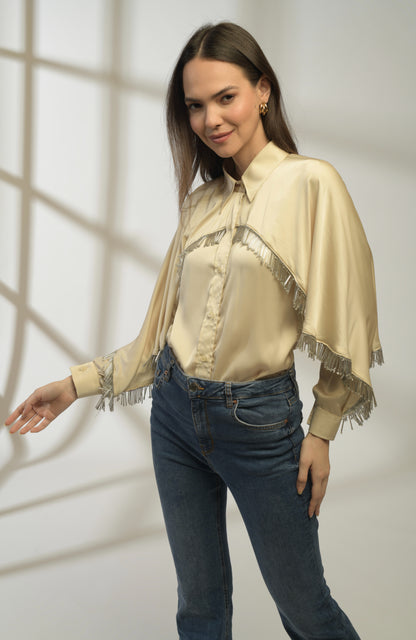 Sandstone Relaxed Fit Shirt with Draped Cape-like Panel