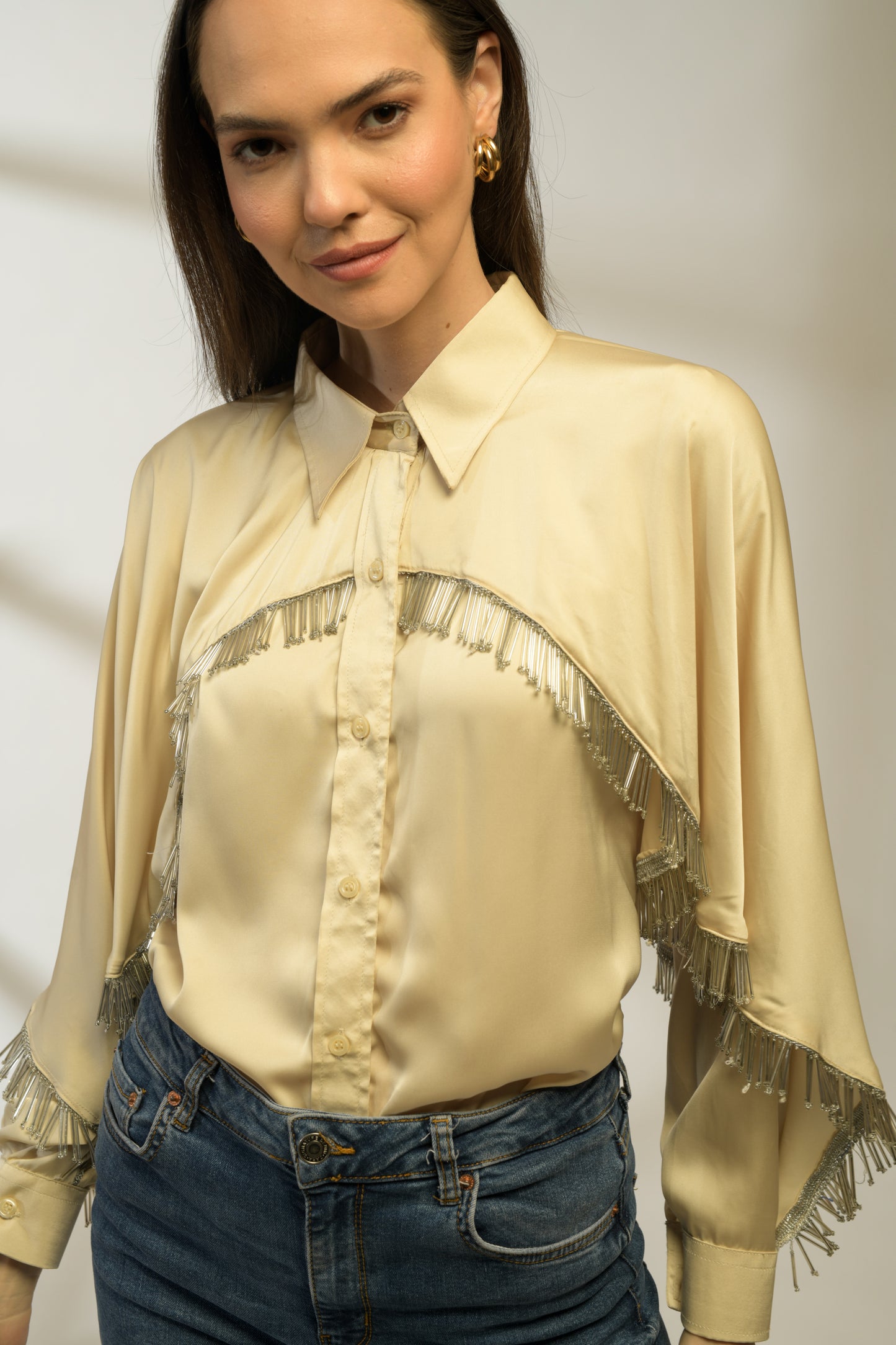 Sandstone Relaxed Fit Shirt with Draped Cape-like Panel