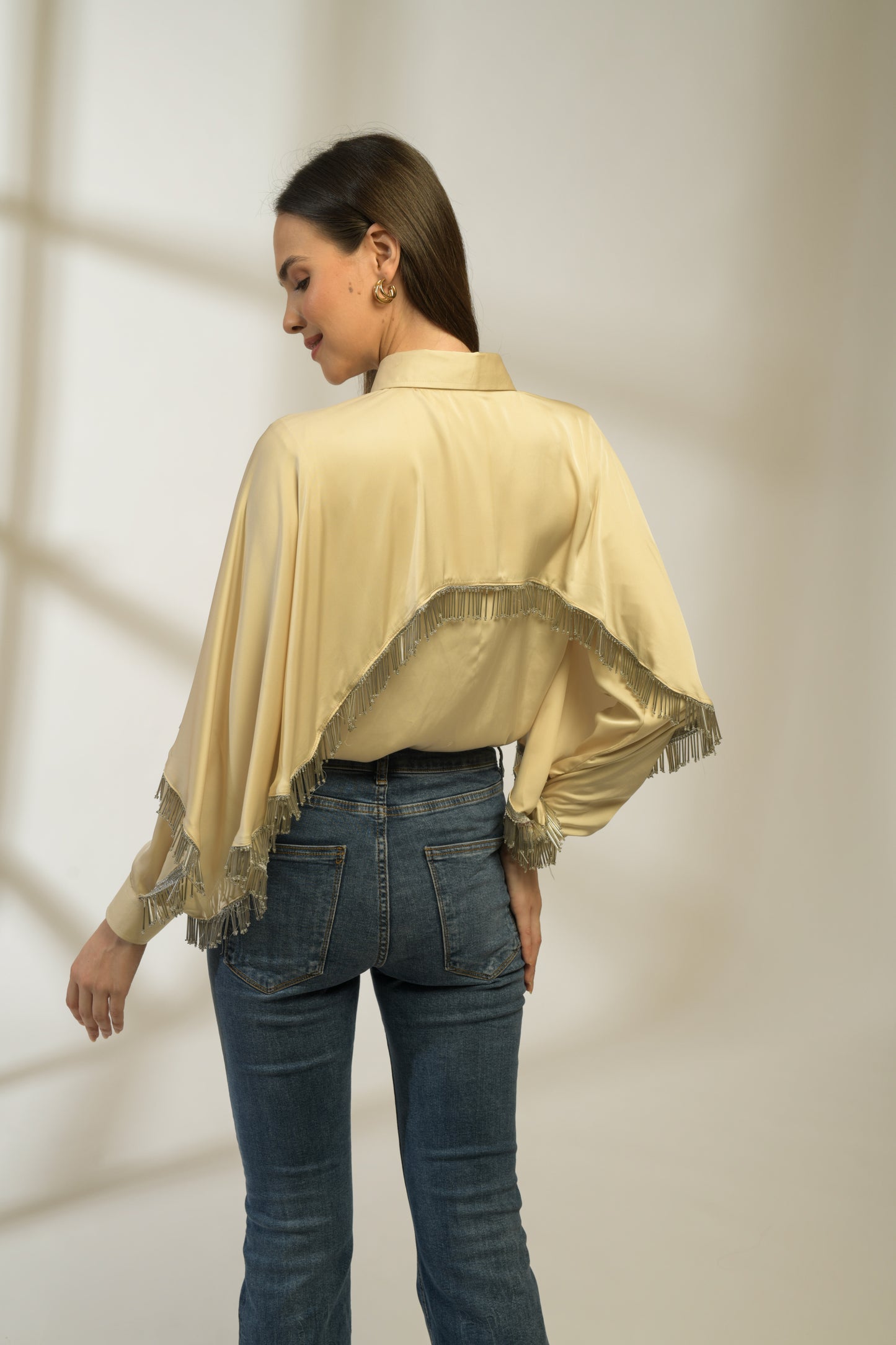 Sandstone Relaxed Fit Shirt with Draped Cape-like Panel