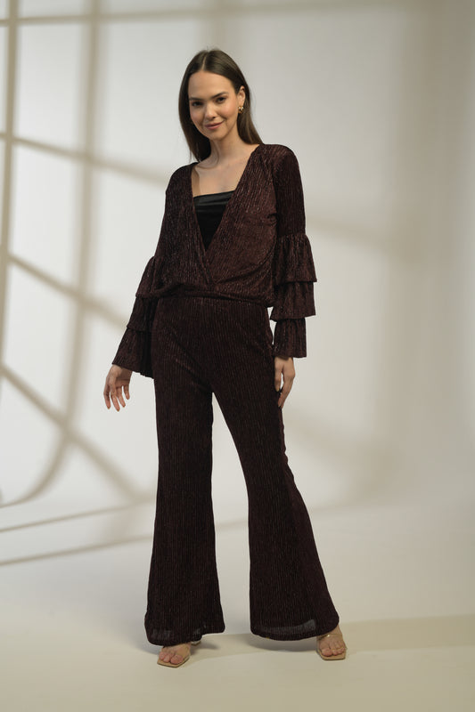 Merlot Lurex Velvet 3 Tiered Flared Sleeves Top with Fit & Flared Pants - Set of 2 ( Burgundy )