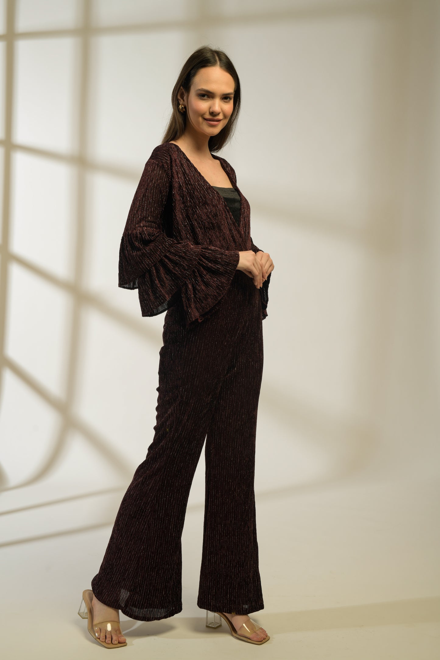Merlot Lurex Velvet 3 Tiered Flared Sleeves Top with Fit & Flared Pants - Set of 2 ( Burgundy )