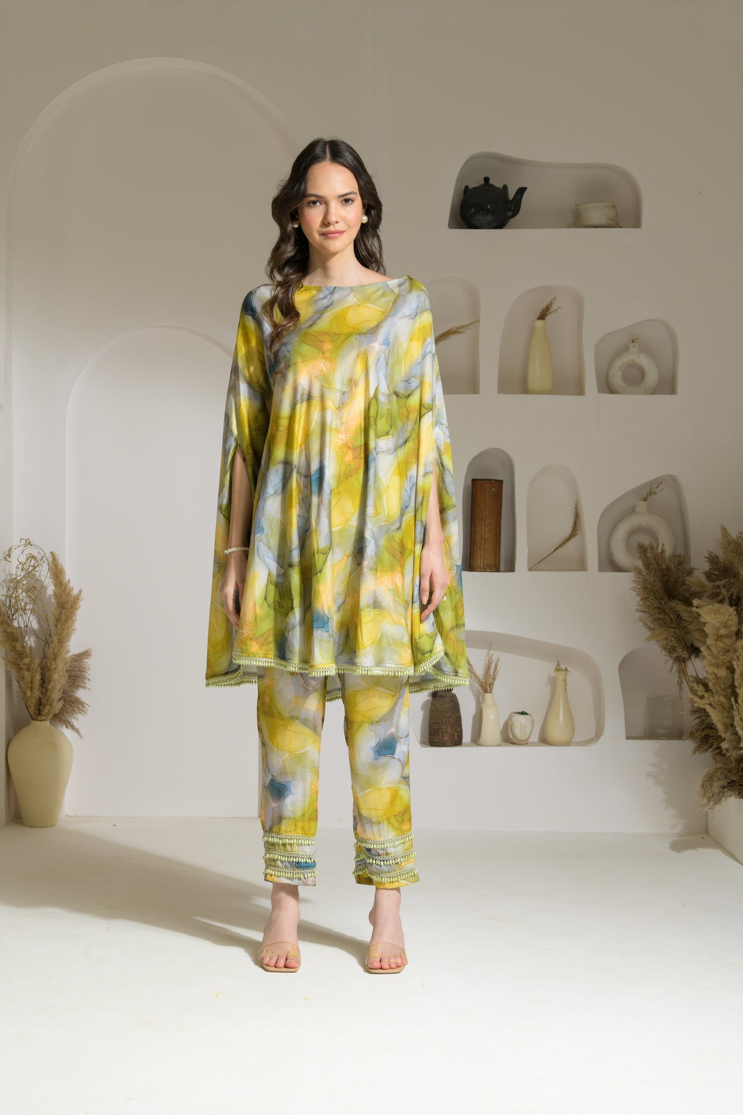 Zia Marble Print 2-way Cape-style Kurta with Pencil Fit Pants - Set of 2