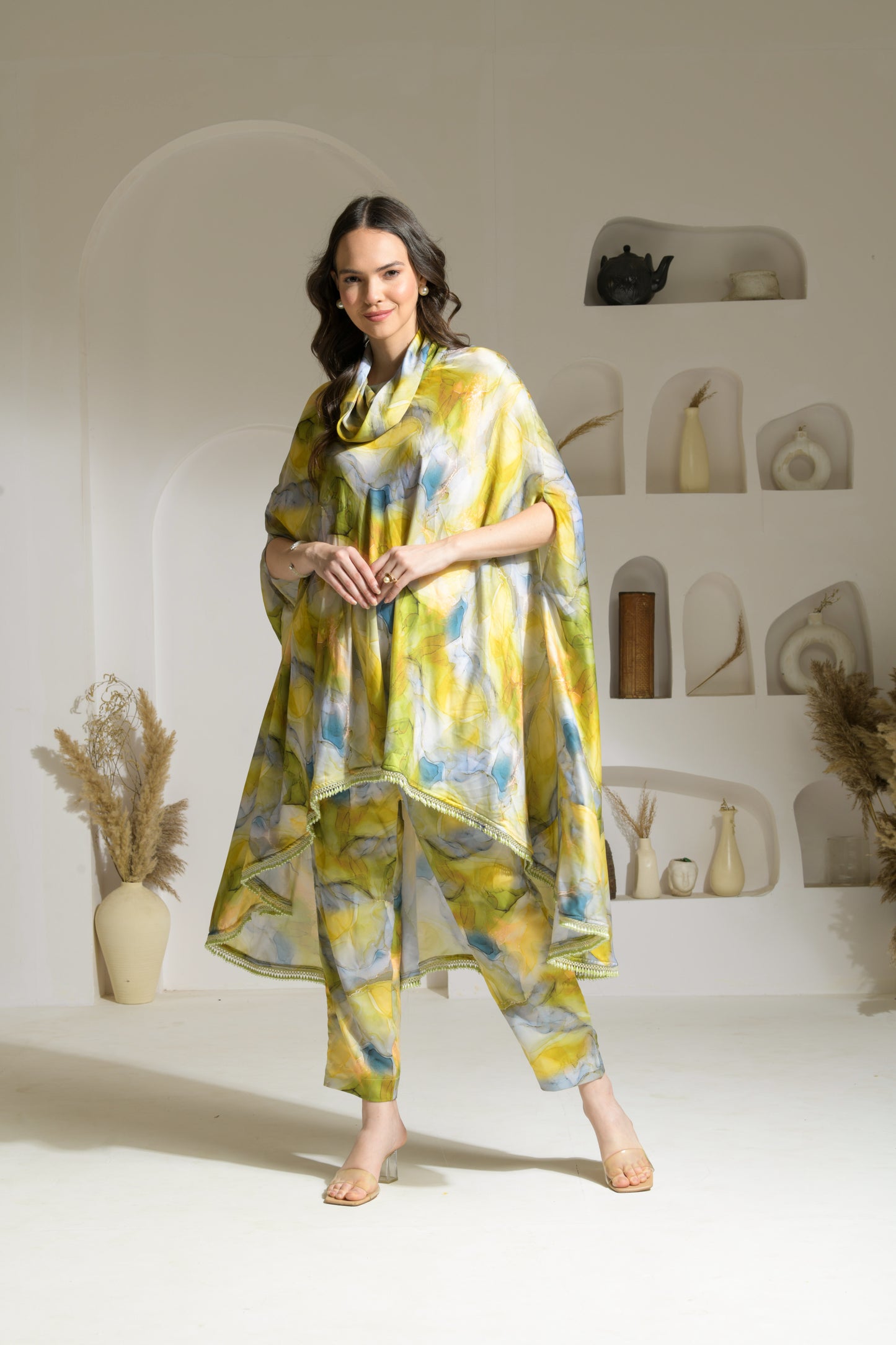 Naaz Marble print draped turtle neck cape kurta with straight fit pants - Set of 2