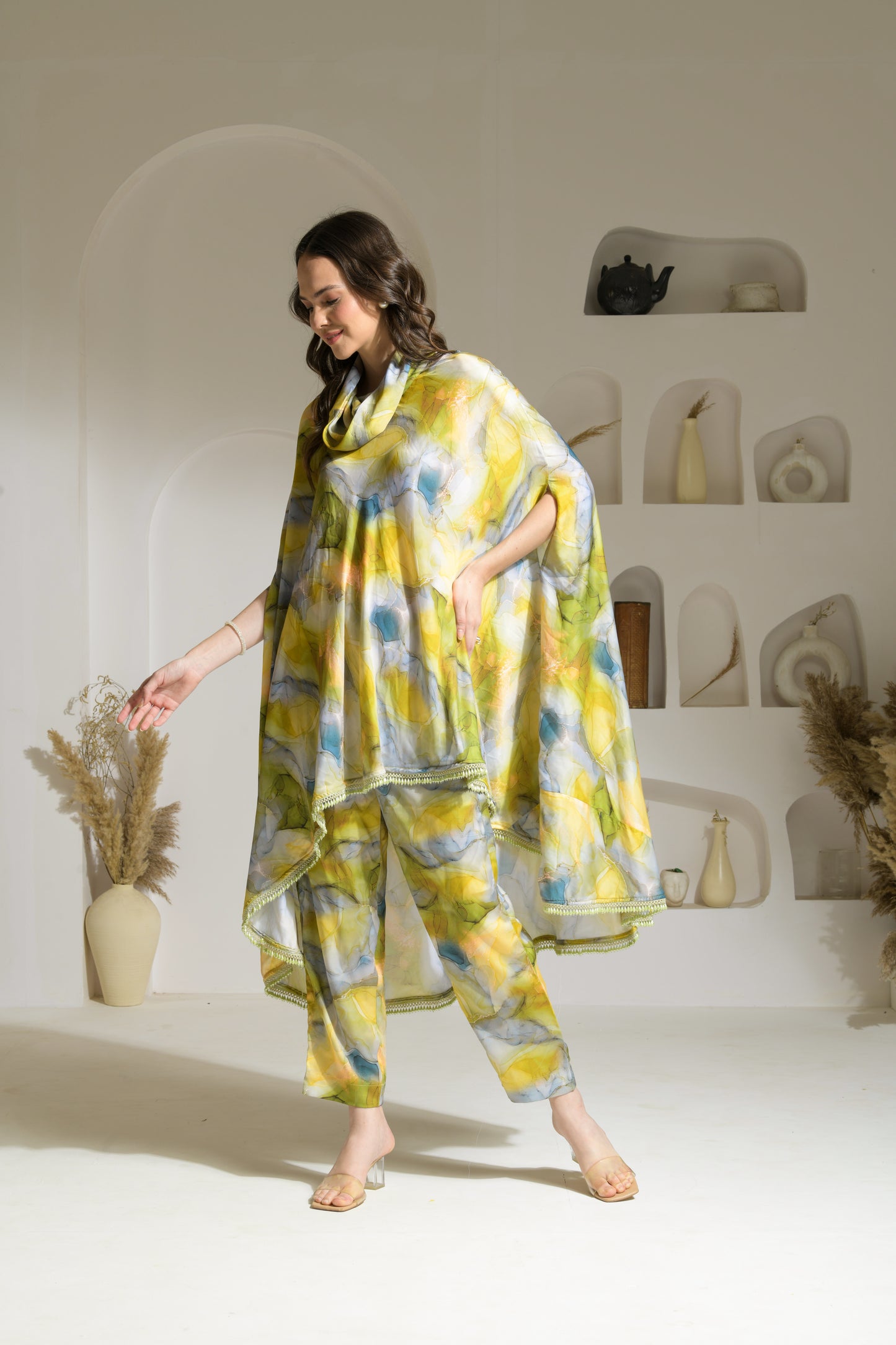 Naaz Marble print draped turtle neck cape kurta with straight fit pants - Set of 2