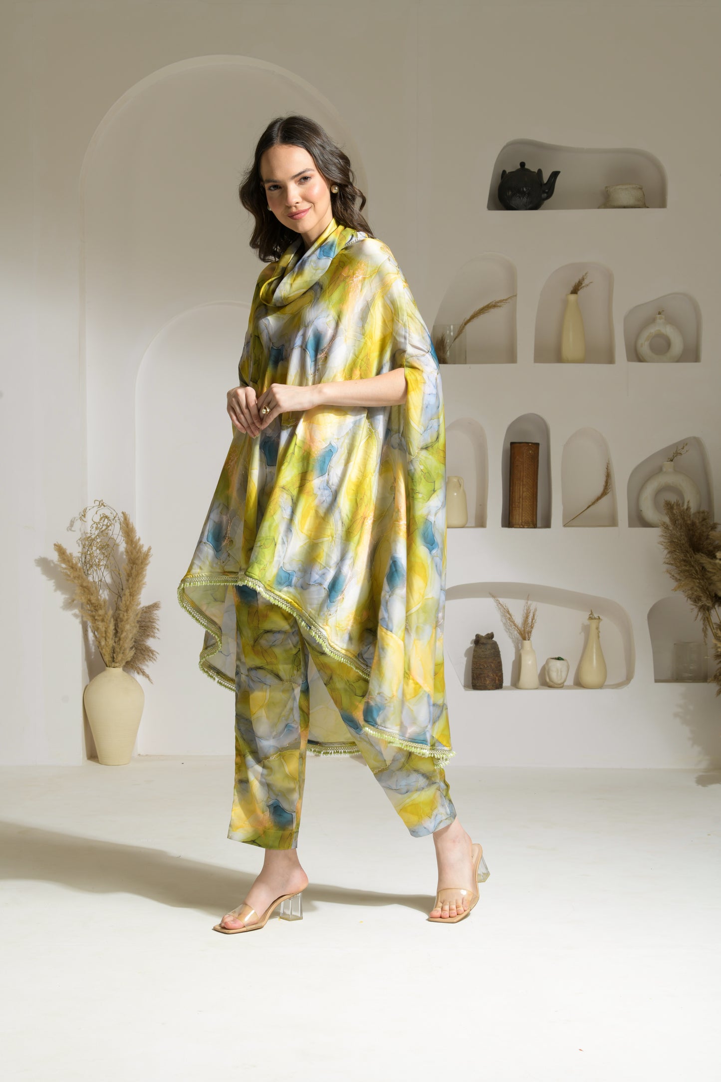 Naaz Marble print draped turtle neck cape kurta with straight fit pants - Set of 2