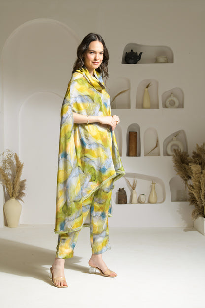 Naaz Marble print draped turtle neck cape kurta with straight fit pants - Set of 2