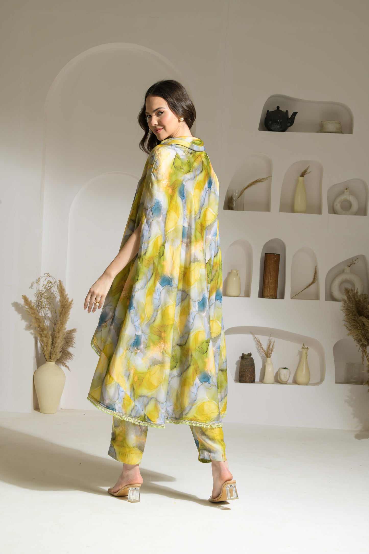 Naaz Marble print draped turtle neck cape kurta with straight fit pants - Set of 2