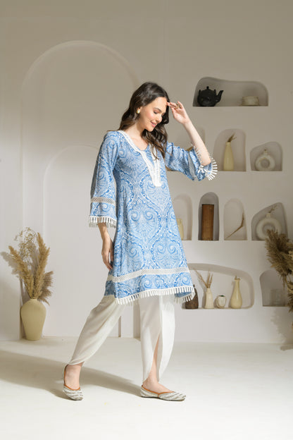 Nadia Blue Abstract Print A-line Kurta with trim Detailing with Double Georgette Tulip Pants - Set of 2