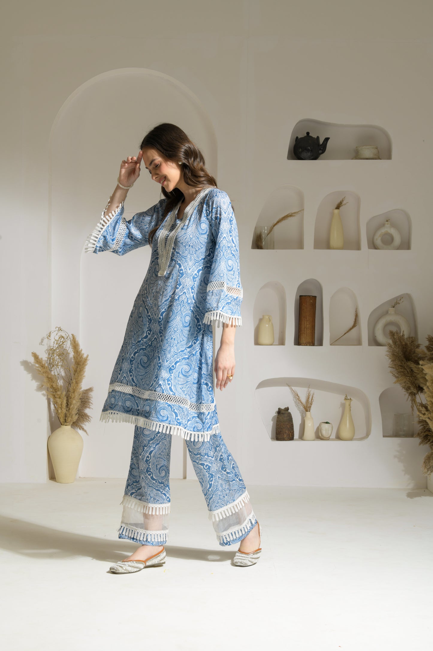 Nadia Blue Abstract Print A-line Kurta with trim Detailing with Printed Pants - Set of 2