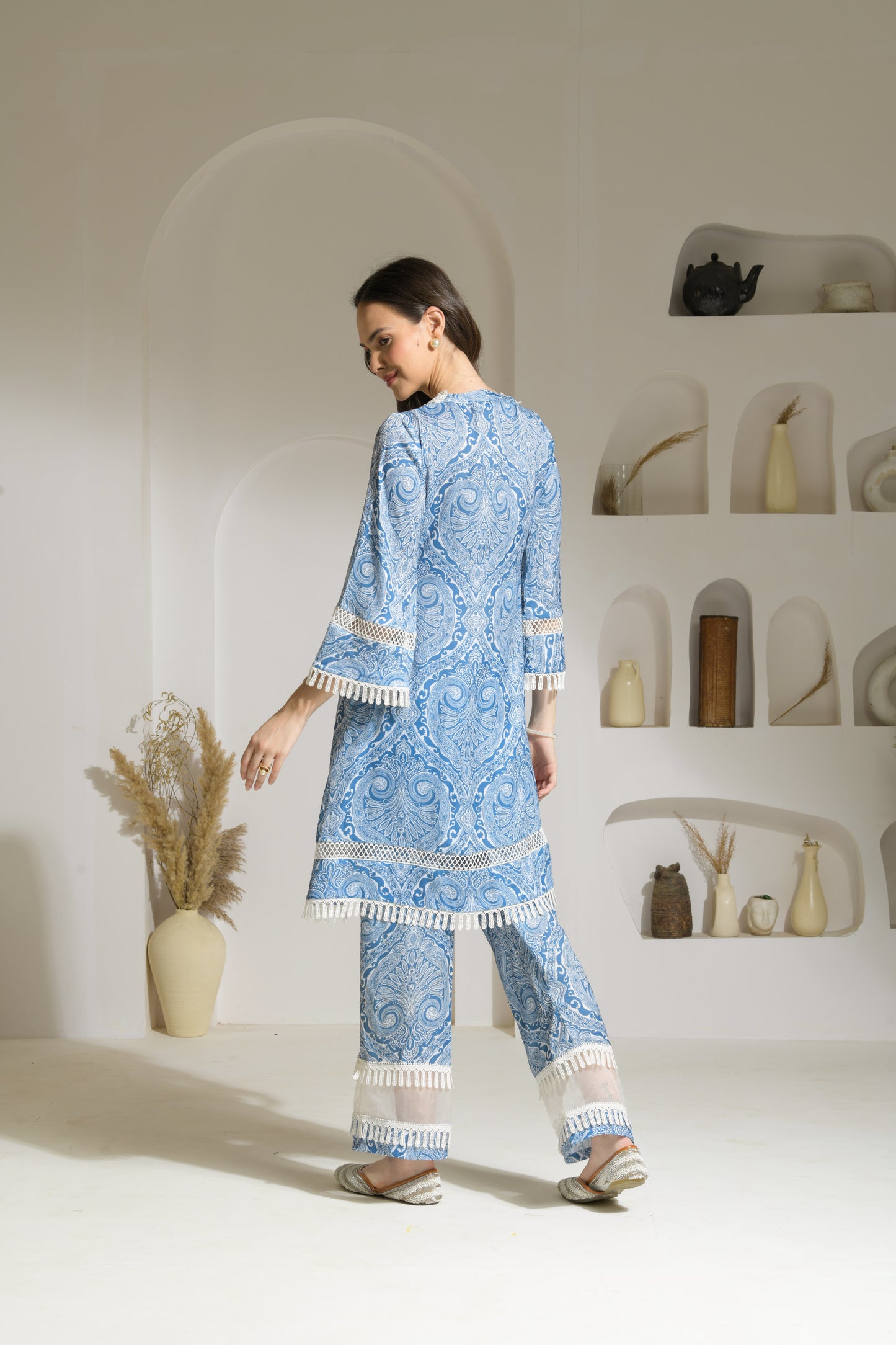 Nadia Blue Abstract Print A-line Kurta with trim Detailing with Printed Pants - Set of 2