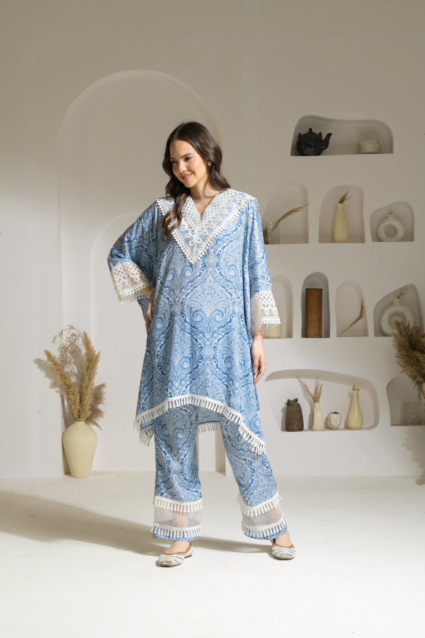 Maira Kaftan Shirt in Printed Viscose Crepe with Organza detailed Palazzo Pants - Set of 2