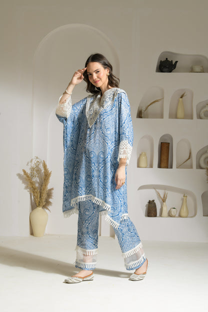 Maira Kaftan Shirt in Printed Viscose Crepe with Organza detailed Palazzo Pants - Set of 2