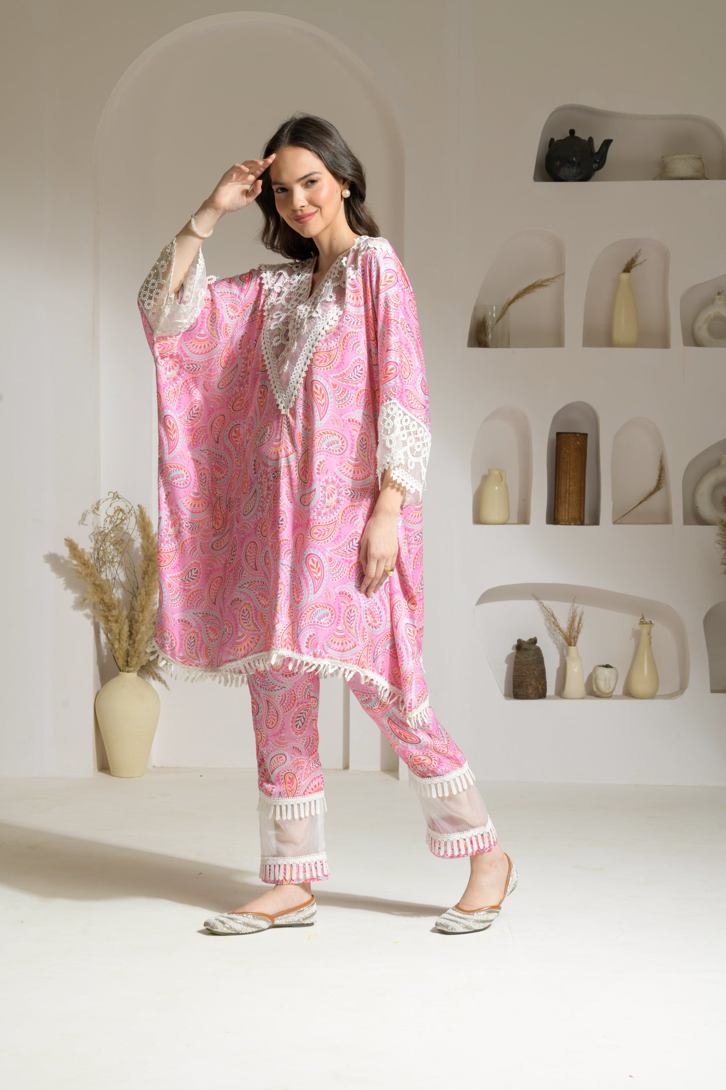 Maira Kaftan Shirt in Printed Viscose Crepe with Organza detailed Palazzo Pants - Set of 2