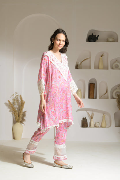 Maira Kaftan Shirt in Printed Viscose Crepe with Organza detailed Palazzo Pants - Set of 2