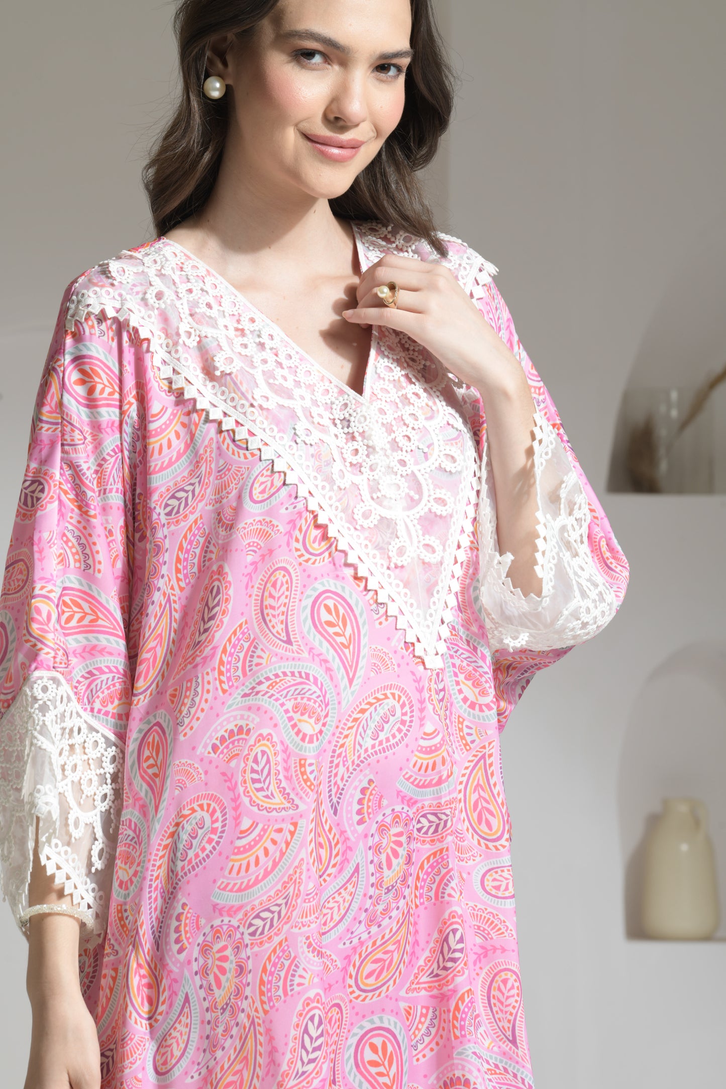 Maira Kaftan Shirt in Printed Viscose Crepe with Organza detailed Palazzo Pants - Set of 2