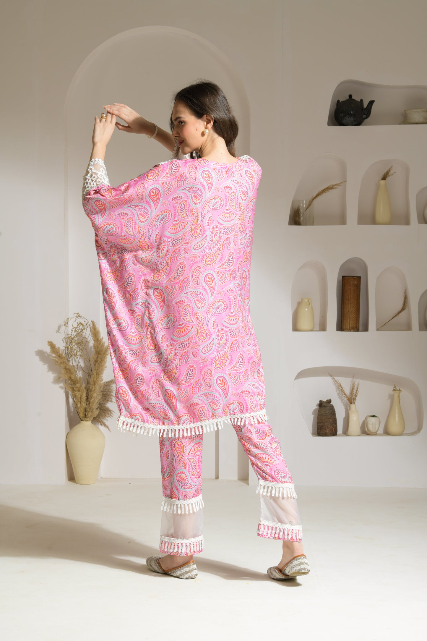 Maira Kaftan Shirt in Printed Viscose Crepe with Organza detailed Palazzo Pants - Set of 2