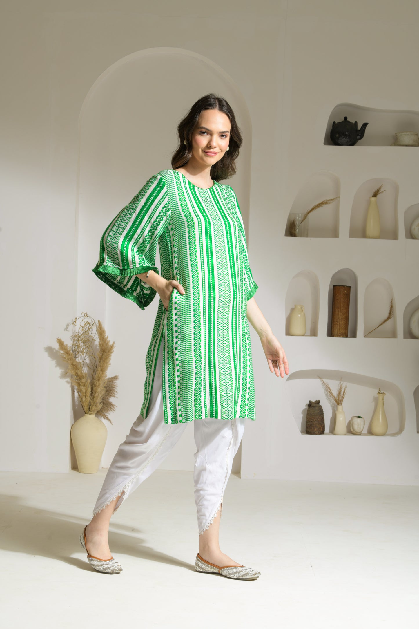 Ruhaani Cotton Jacquard Straight Kurta with Slit and Rayon Tulip Pants - Set of 2