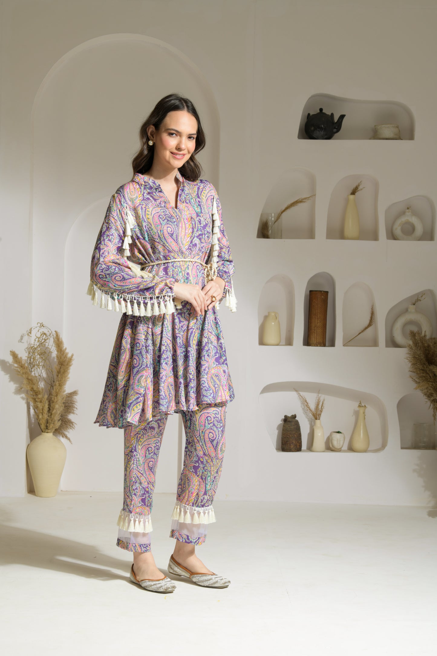 Zarah Vibrant Printed Viscose Crepe Anarkali-like Kurta with Straight fit Pants and Braided Belt - Set of 3