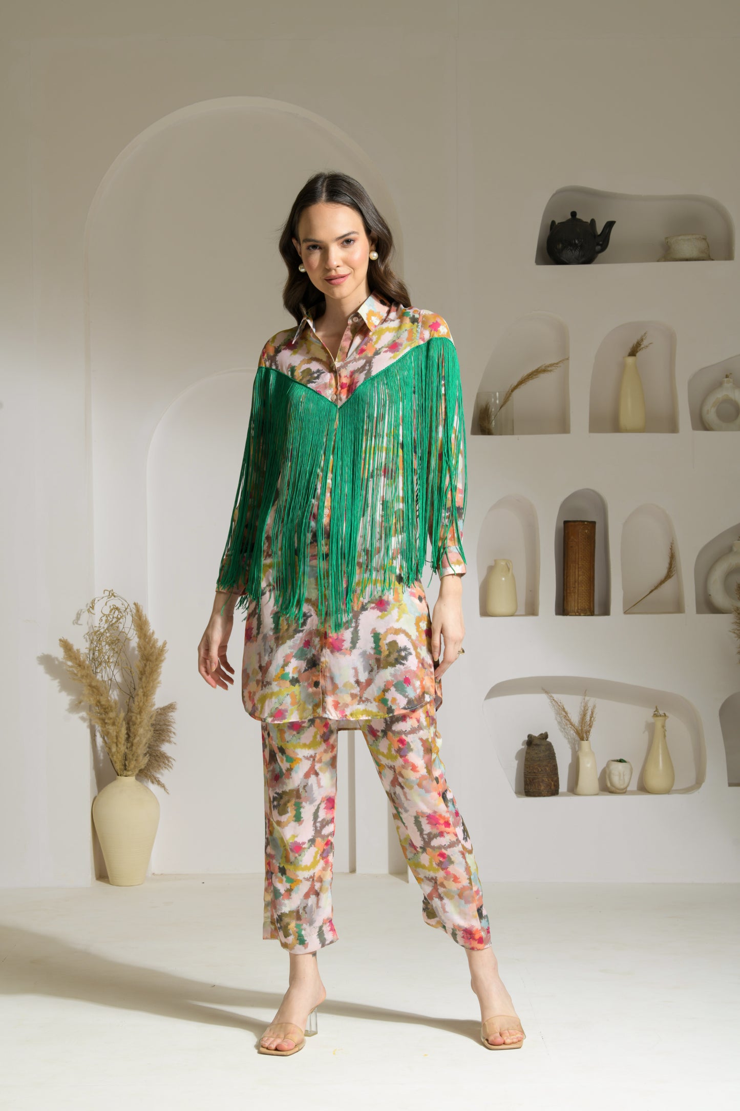 Izhaar Shirt Kurta in Printed Viscose Crepe with Fringe detailing and printed pants - Set of 2