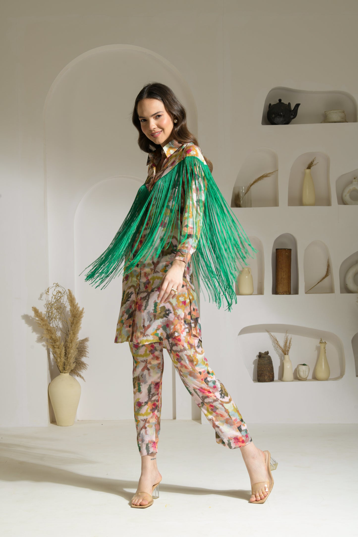 Izhaar Shirt Kurta in Printed Viscose Crepe with Fringe detailing and printed pants - Set of 2