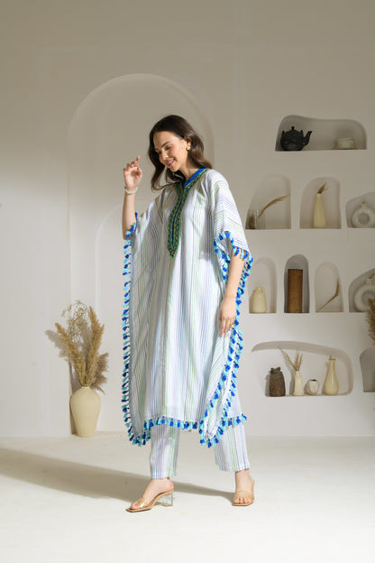 Saba Textured Cotton Blend Long Kaftan with Tassel Detailing and Straight fit Pants - Set of 2