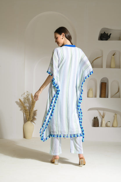 Saba Textured Cotton Blend Long Kaftan with Tassel Detailing and Straight fit Pants - Set of 2
