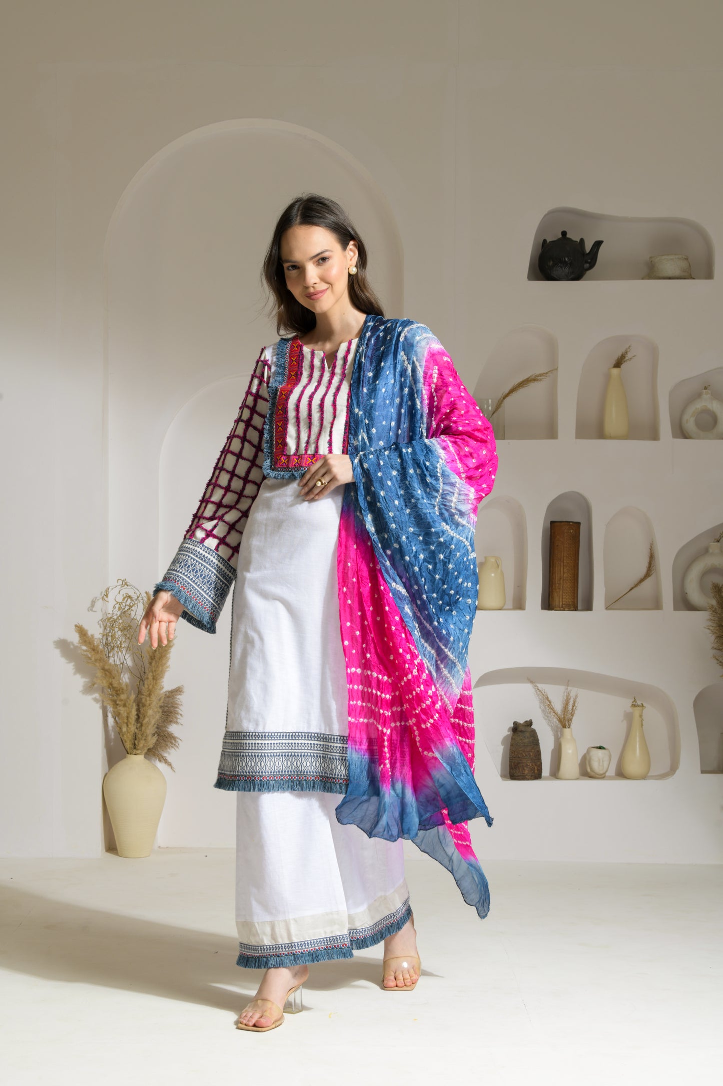 Dua Linen and Fringe Fabric Straight fit kurta and straight fit pants with Bandhni Dupatta - Set of 3