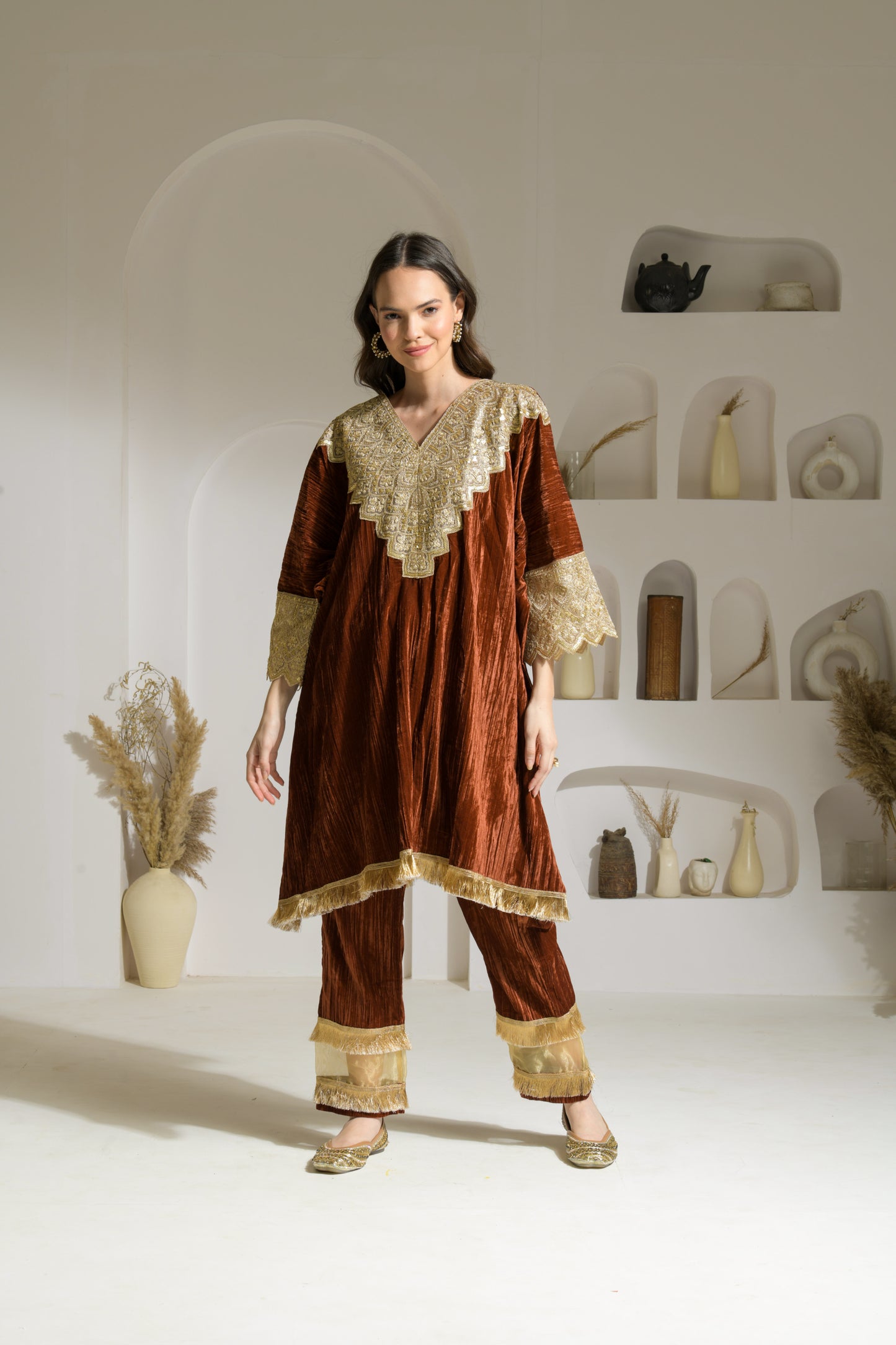 Sehr Crushed Velvet Kaftan with Detailed Neckline and Straight Fit Pants - Set of 2 ( Burnt Orange )