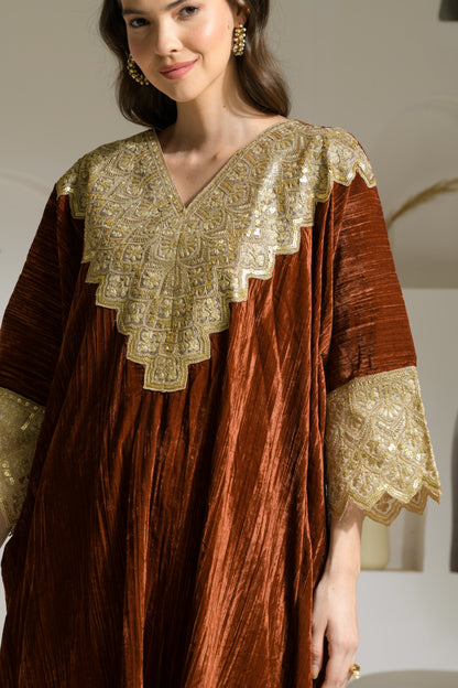 Sehr Crushed Velvet Kaftan with Detailed Neckline and Straight Fit Pants - Set of 2 ( Burnt Orange )