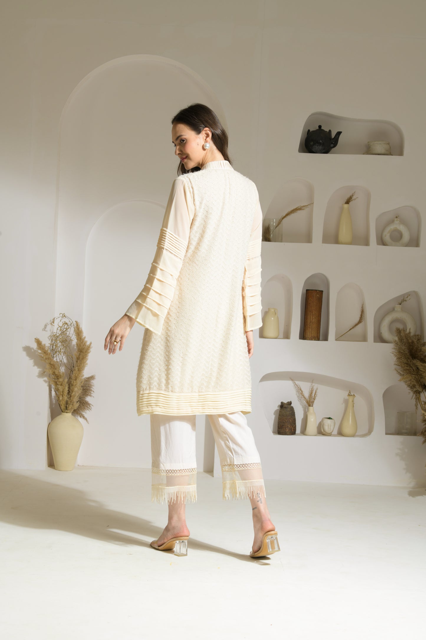 Firdos Textured Fabric Kurta with Georgette hand pleated sleeves and Rayon Straight fit Pants - Set of 2