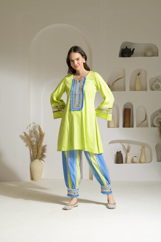 Jhalak A-line Cotton Kurta with Printed Harem Salwar & Dual-tone Dyed Organza Dupatta - Set of 3
