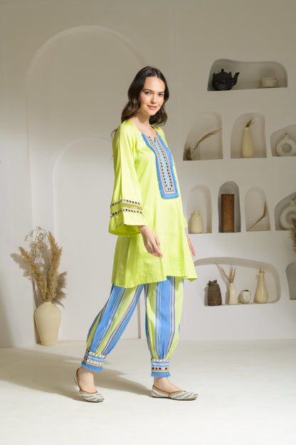 Jhalak A-line Cotton Kurta with Printed Harem Salwar & Dual-tone Dyed Organza Dupatta - Set of 3