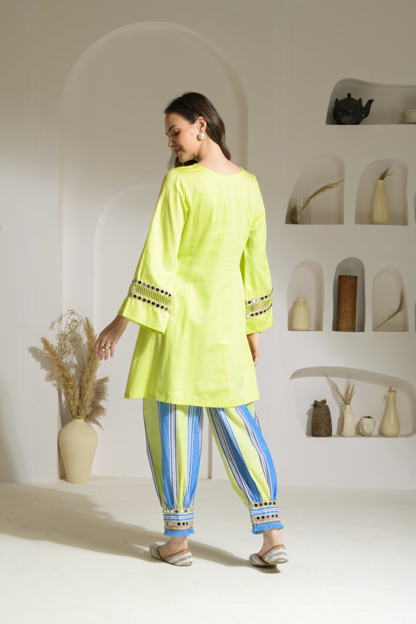 Jhalak A-line Cotton Kurta with Printed Harem Salwar & Dual-tone Dyed Organza Dupatta - Set of 3