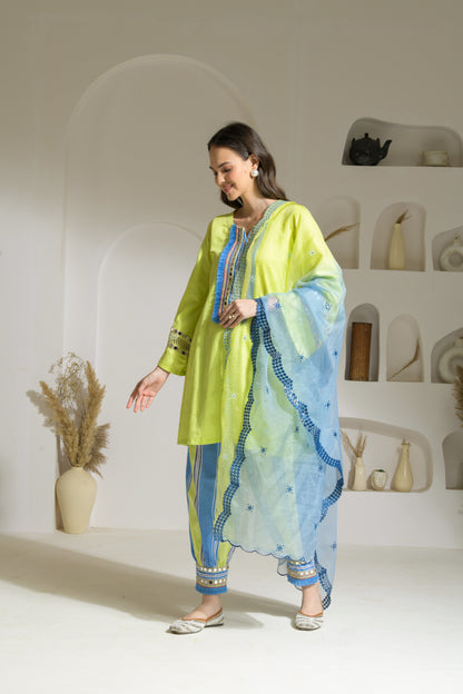 Jhalak A-line Cotton Kurta with Printed Harem Salwar & Dual-tone Dyed Organza Dupatta - Set of 3