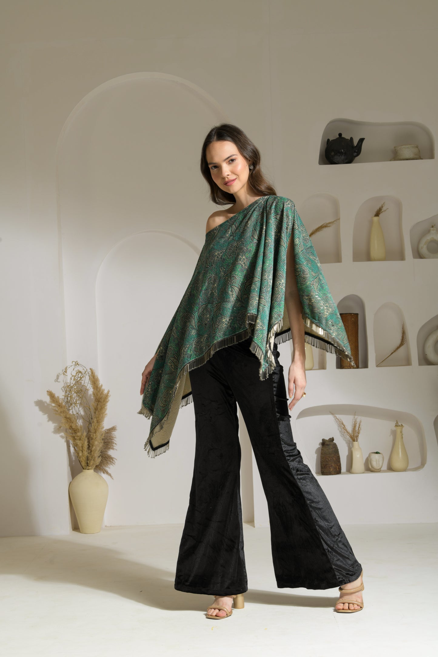 Aasira Printed Lurex Velvet Asymmetric Cape with Velvet Fit & Flared Trousers - Set of 2 ( Teal )